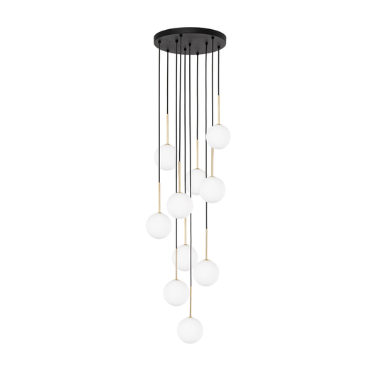 NILOS cascade chandelier showing ten opal glass globes on brushed gold sleeves at staggered cord lengths