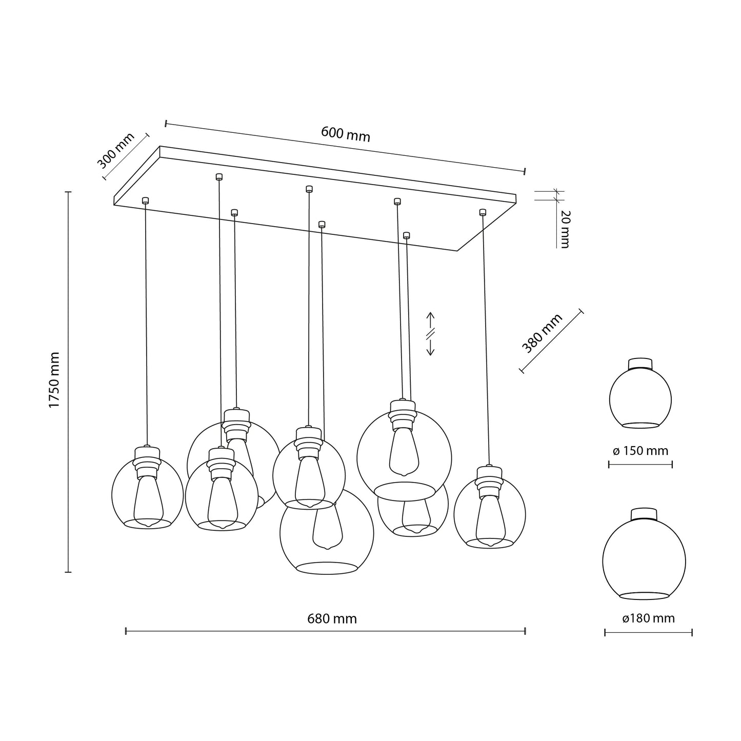 CUBUS Graphite Glass Scandinavian Pendant Light Fixture for Kitchen Island, Dining Room & Living Room (8-Light) LumoCrafts