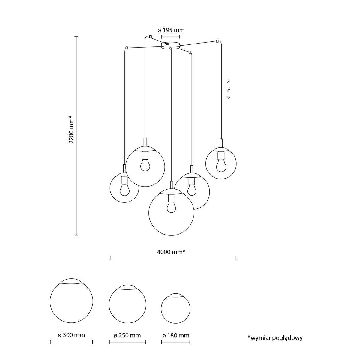 ESME 5-light spider pendant technical drawing showing the 4000 mm cord reach and 2200 mm maximum drop