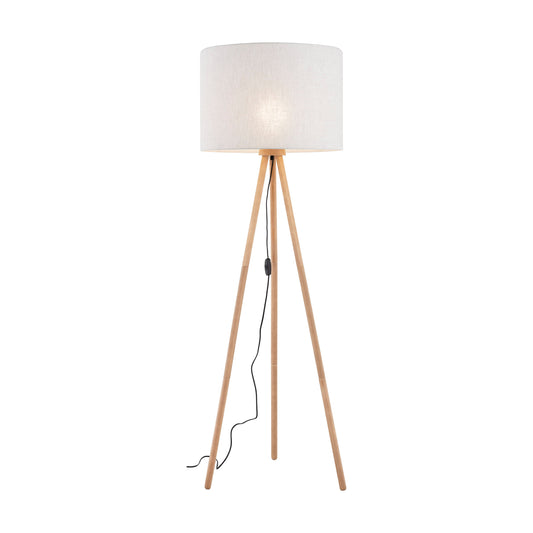 TOKYO linen floor lamp lit, warm light diffused through the natural linen shade
