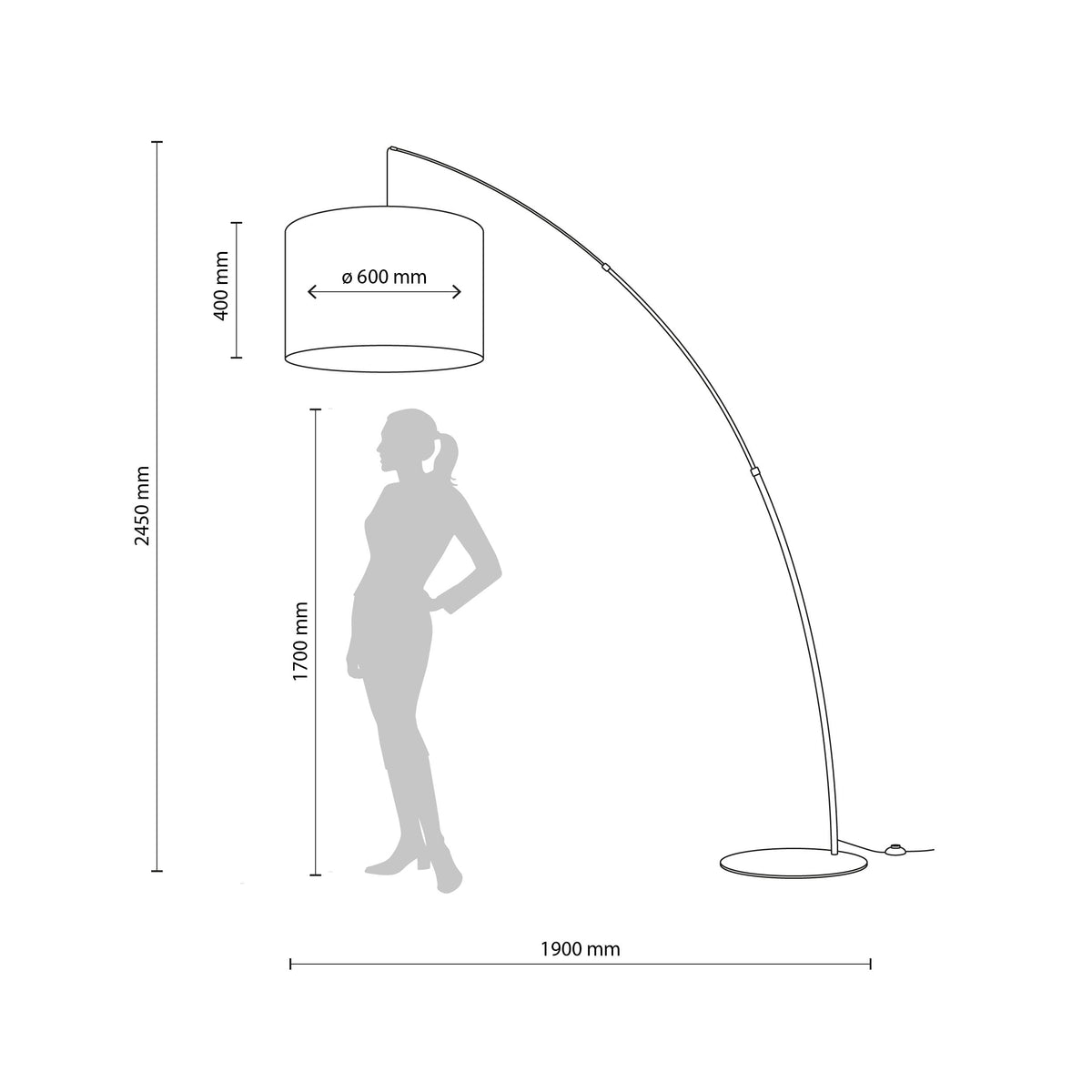 MOBY arc floor lamp technical drawing showing the 2450 mm height, 1900 mm reach and 600 mm shade