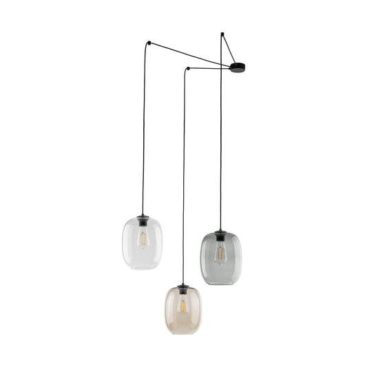 ELIO 3-light offset pendant with clear, topaz and graphite glass shades on swag cables