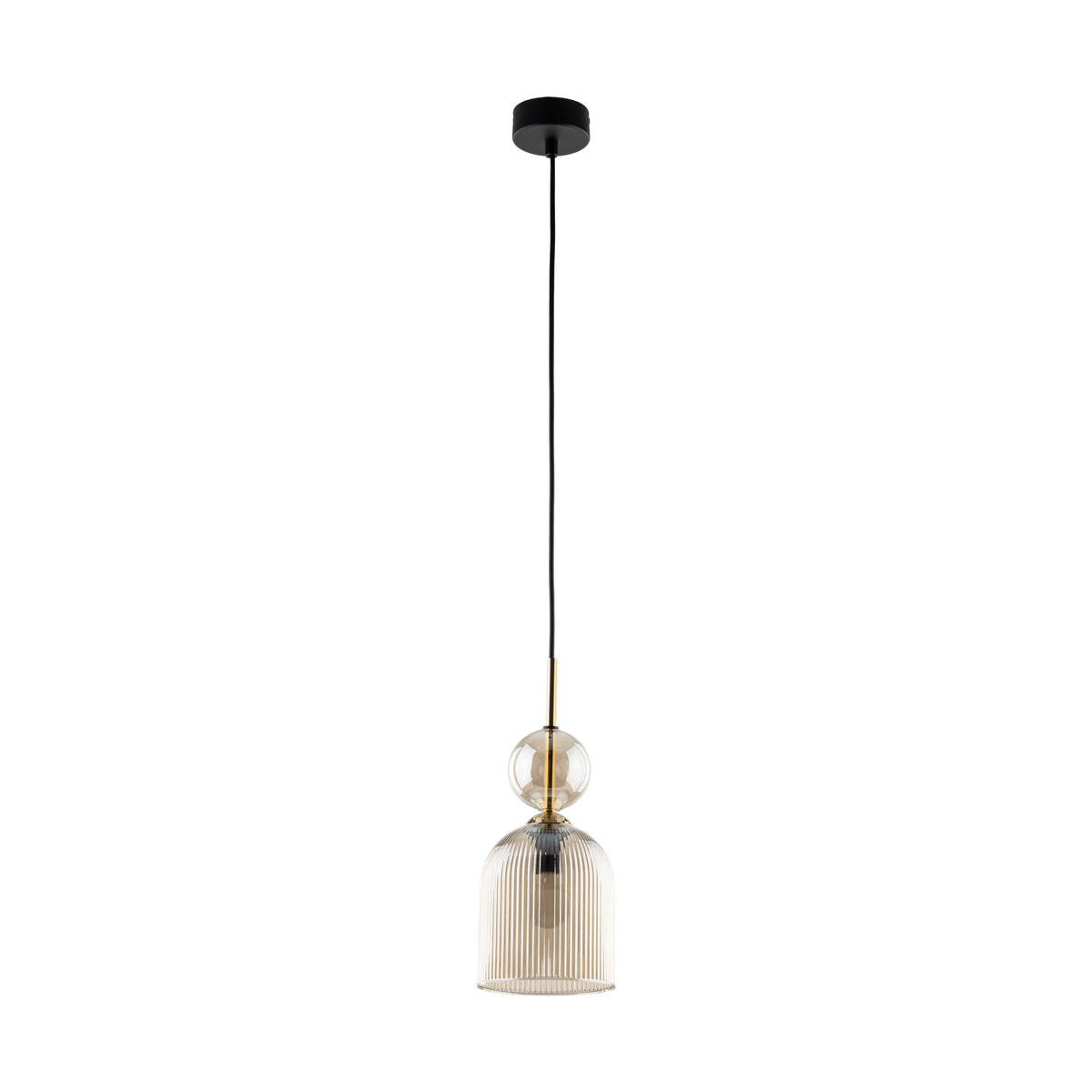 SOPHIA cognac ribbed glass bell mini pendant with glass sphere accent