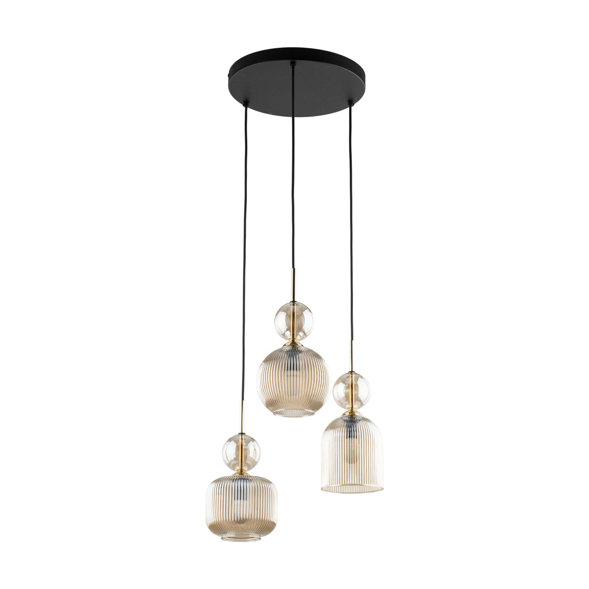 SOPHIA 3-light cognac ribbed glass cluster pendant with warm amber glass shades