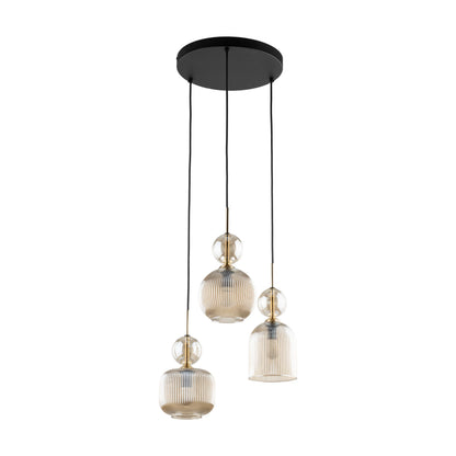 SOPHIA 3-light cognac ribbed glass cluster pendant with warm amber glass shades
