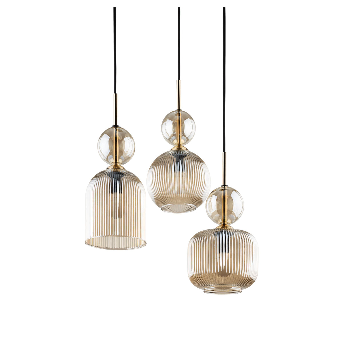 Close view of a SOPHIA 3-light cognac ribbed glass shade