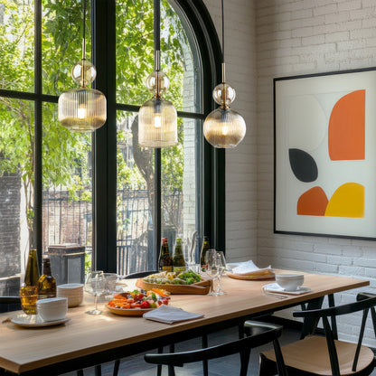 SOPHIA cognac linear pendant styled in a modern dining room