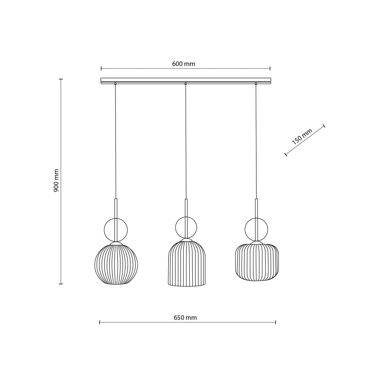 SOPHIA linear pendant technical drawing, 650 mm bar with a 900 mm maximum drop