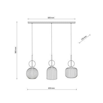 SOPHIA linear pendant technical drawing, 650 mm bar with a 900 mm maximum drop