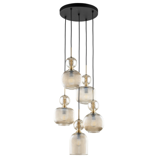 SOPHIA 5-light cognac ribbed glass cluster pendant with warm amber glass shades