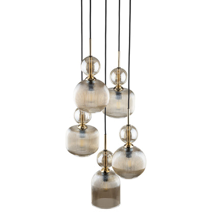 Detail of the SOPHIA 5-light cognac pendant canopy and suspension cords