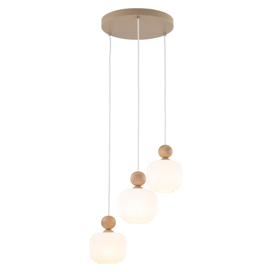 BALLO 3-light cluster pendant lit, warm banded light through the ribbed glass