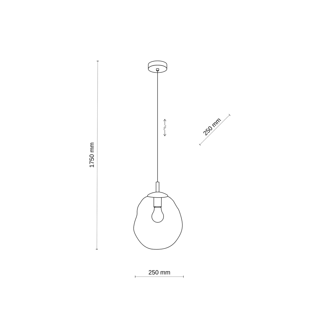 LAVA Medium technical drawing, 220 by 250 mm shade with a 1750 mm maximum drop