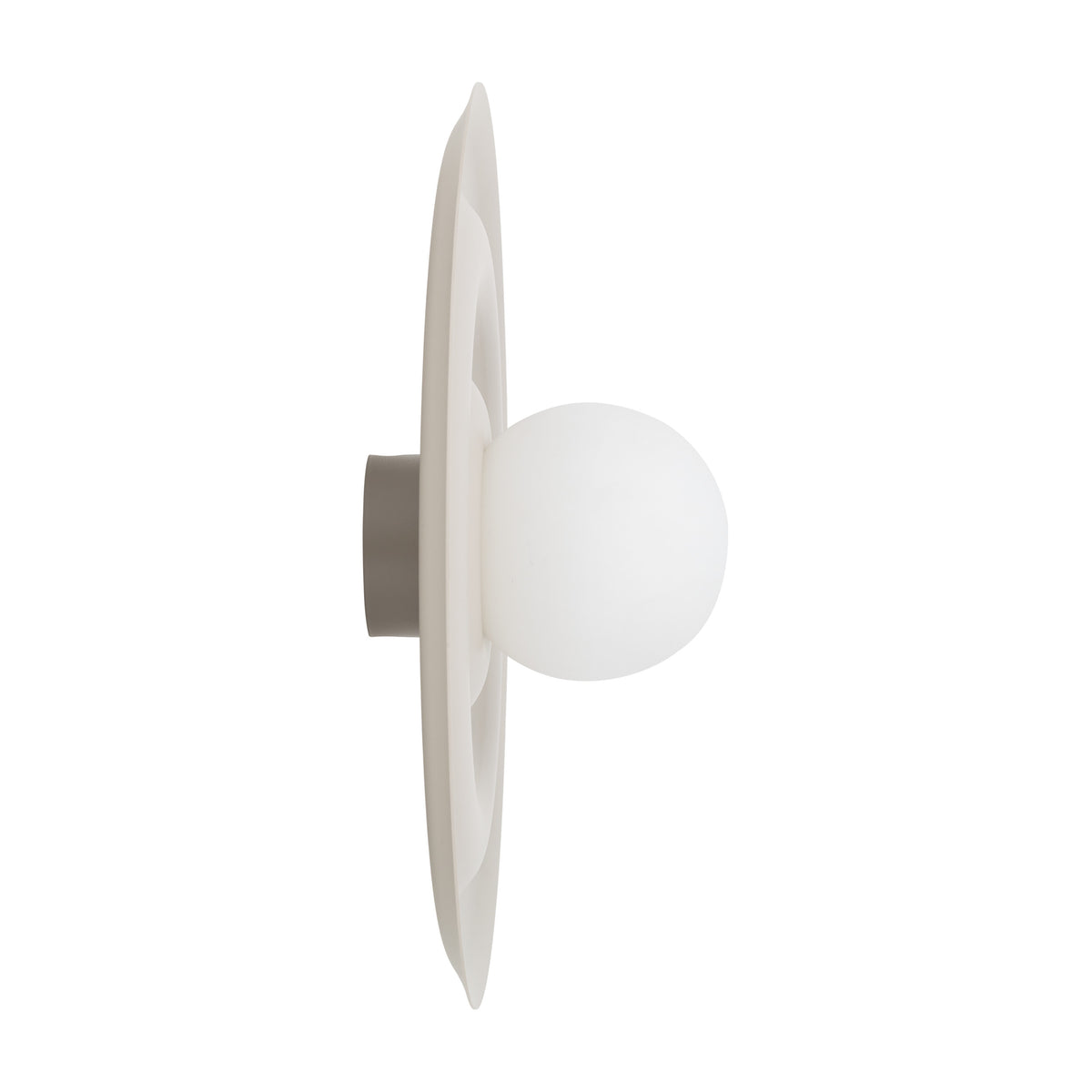 ONDA Scandinavian wall sconce with its smooth opal glass shade set into the centre of the wavy disc