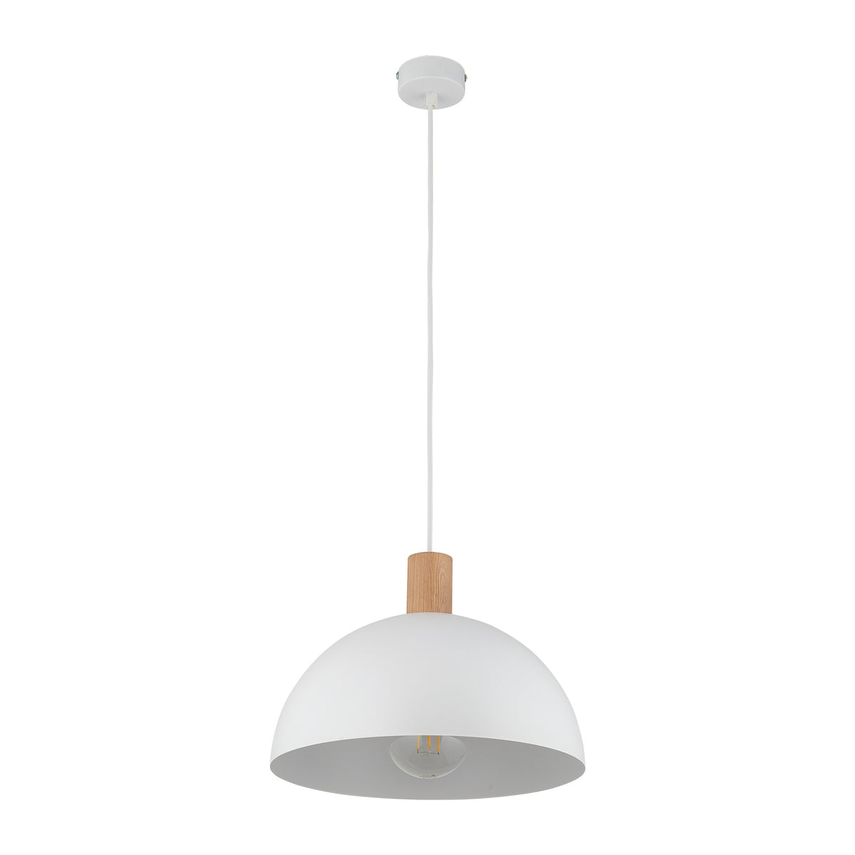 OSLO white pendant with a curved steel shade and pine accent