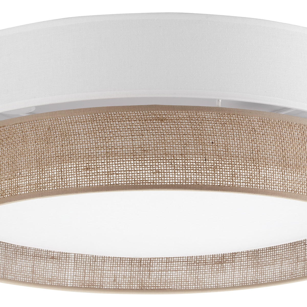 Close view of the woven jute band and white linen shade on the LINOBIANCO flush mount
