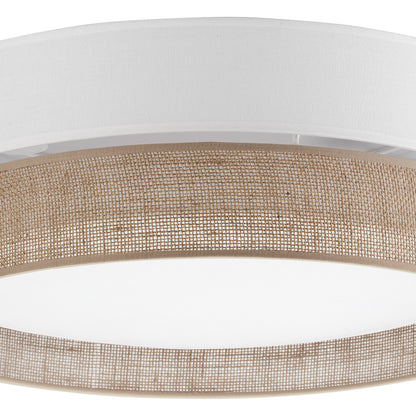 Close view of the woven jute band and white linen shade on the LINOBIANCO flush mount