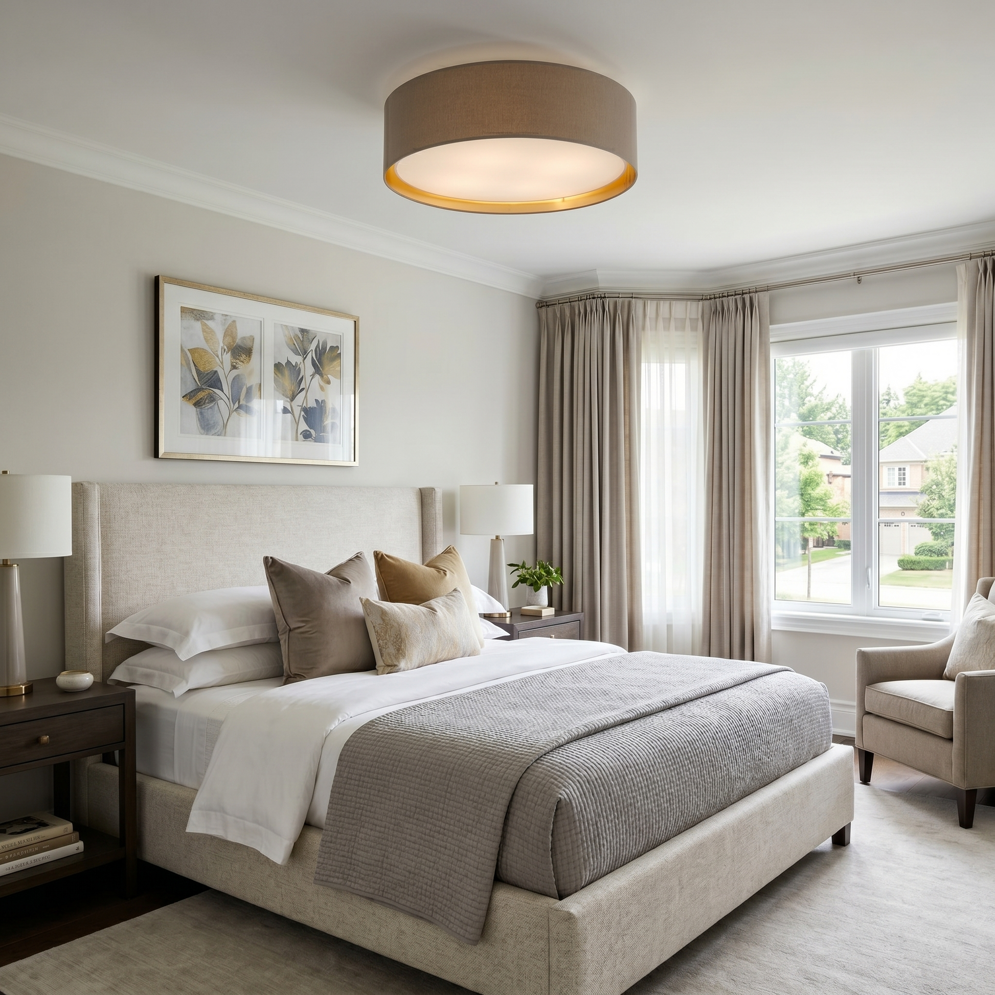 BILBAO Gold Fabric Flush Mount Ceiling Light for Bedroom, Hallway & Living Room LumoCrafts
