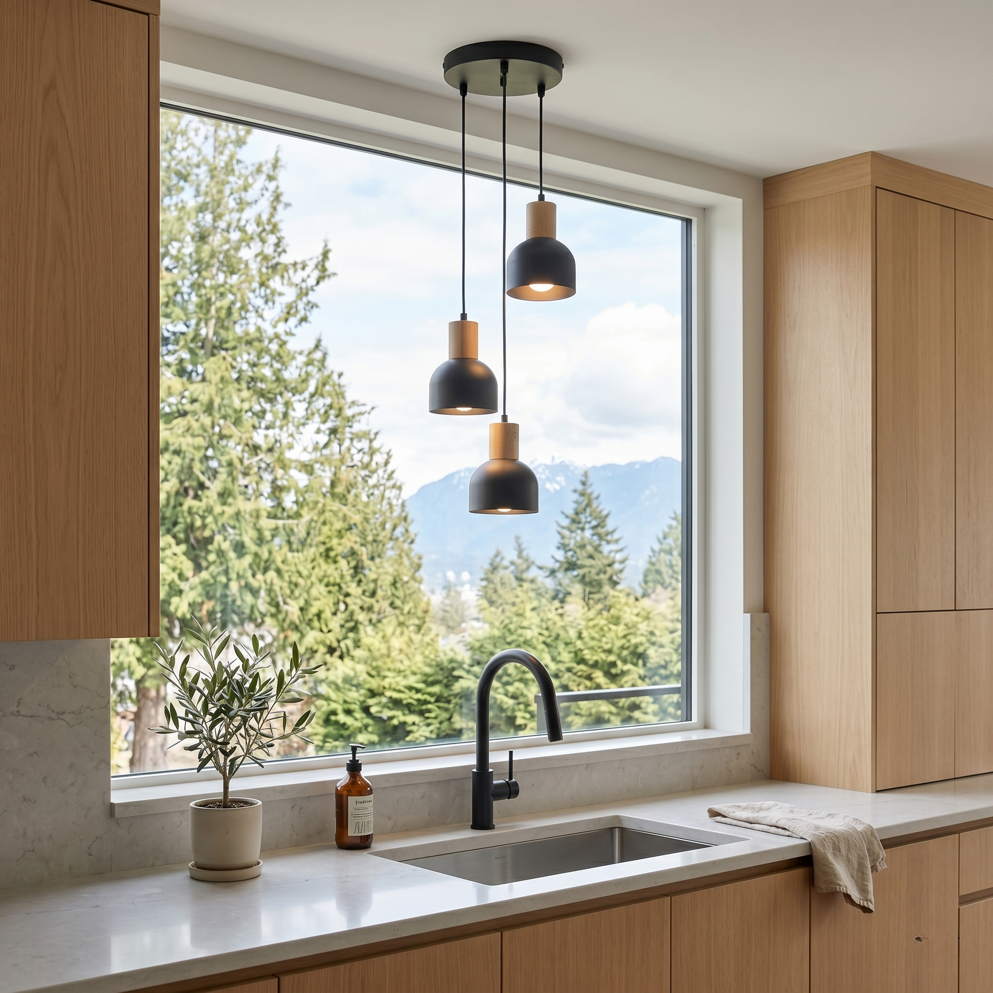 CAIRO Black & Wood 3-Light Pendant for Dining Room, Stairwell & Modern Interiors LumoCrafts