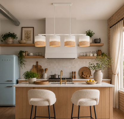 Linobianco 4-Light Linear Pendant with Linen & Jute Shades for Kitchen Island & Dining Table Lumocrafts