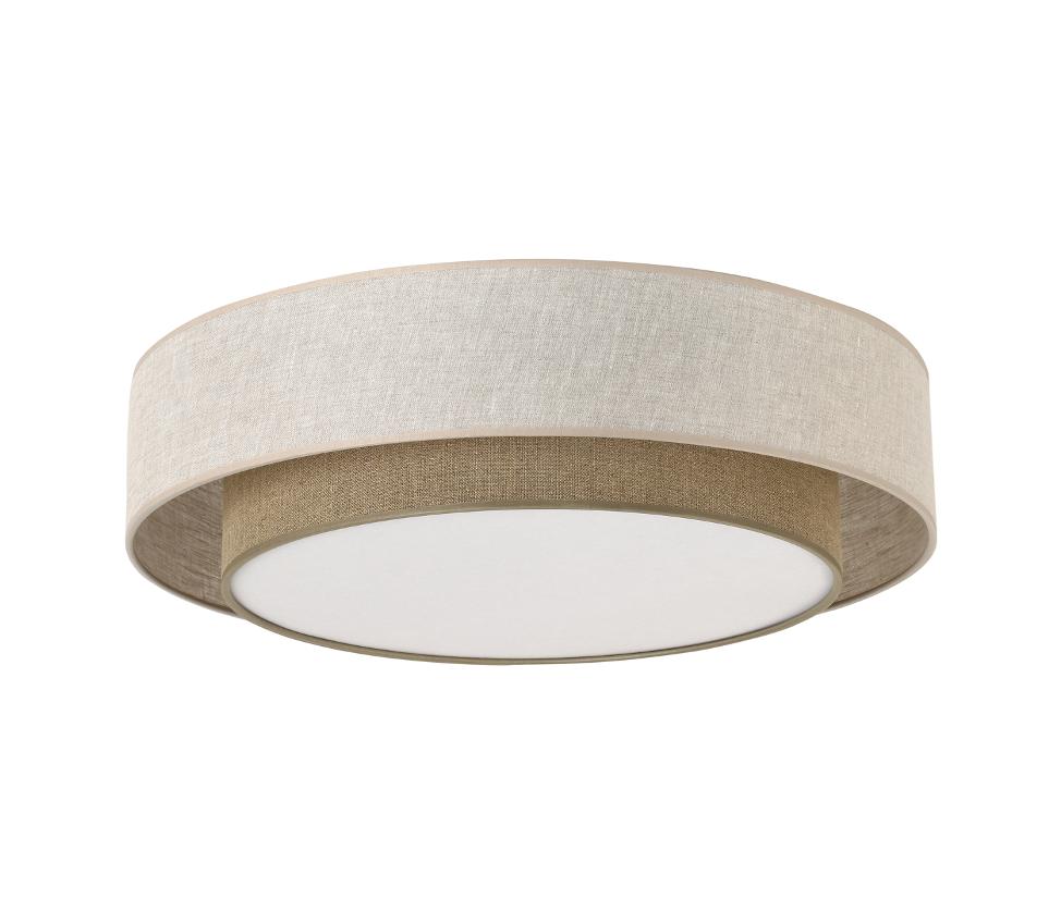 Ceiling light fixture with beige fabric shade on a white background