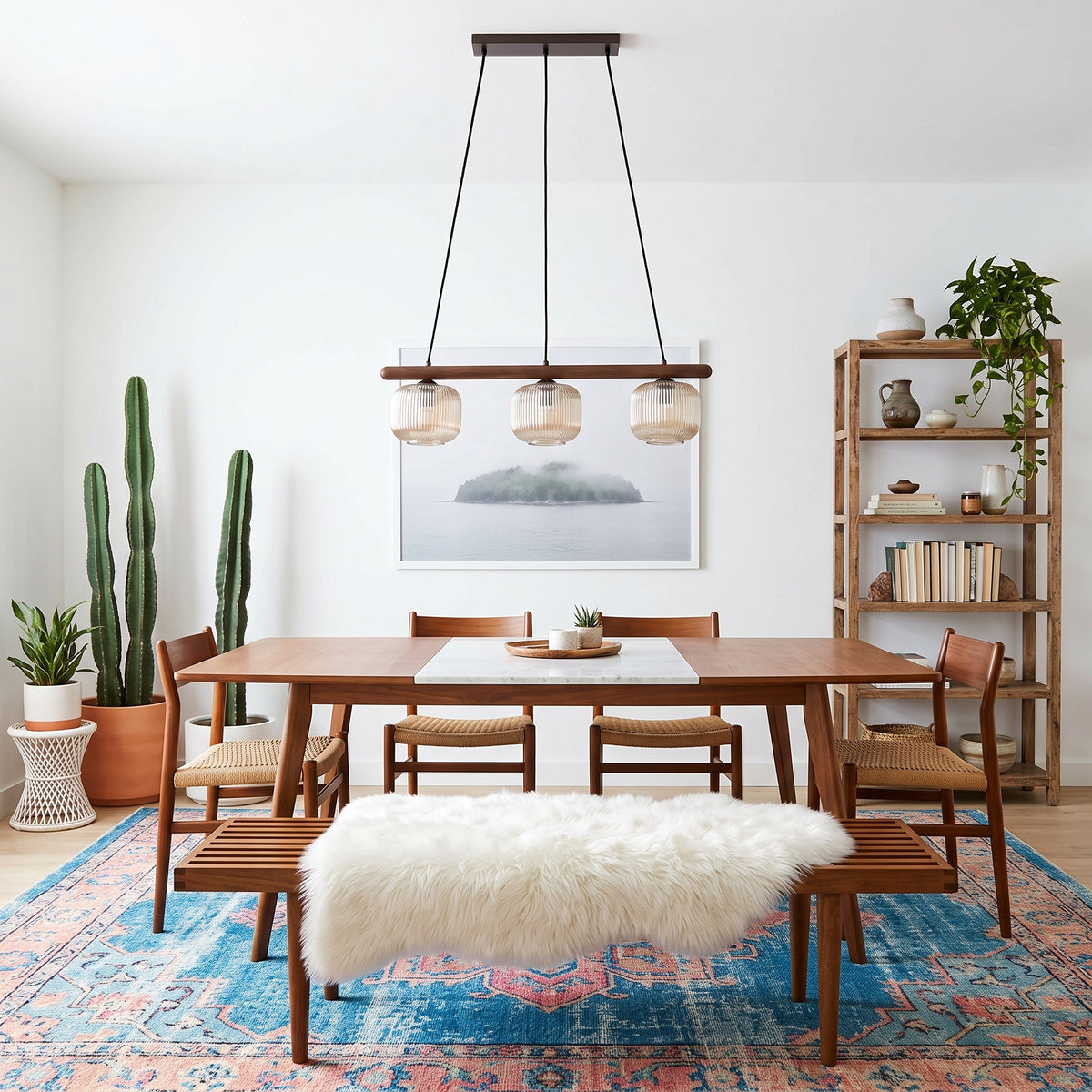 SALVIA pendant lit, warm glow through the ribbed cognac glass