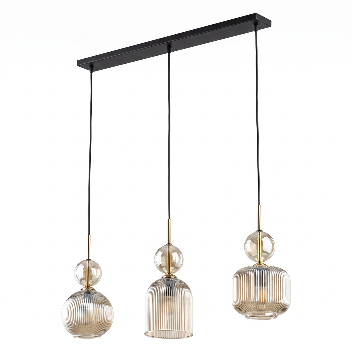 SOPHIA cognac ribbed glass 3-light linear pendant over a dining table