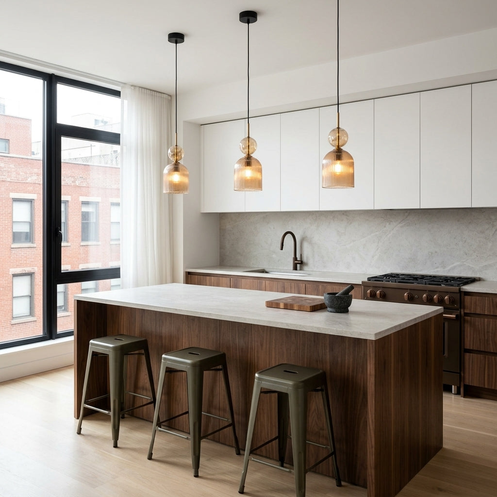 SOPHIA Cognac Ribbed Glass Bell Mini Pendant for Kitchen Island