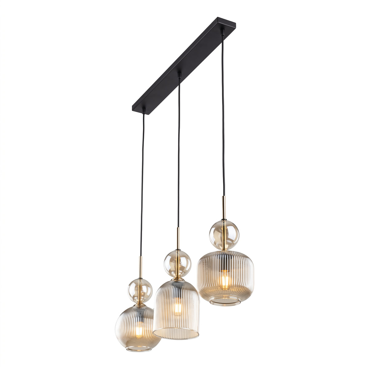 SOPHIA linear pendant above a kitchen island with wood and stone