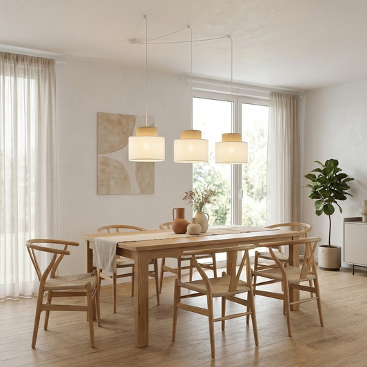 DUO White Jute Natural Suspension Pendant Ceiling Light Fixture for Kitchen Island, Dining Room & Living Room (3-Light) LumoCrafts