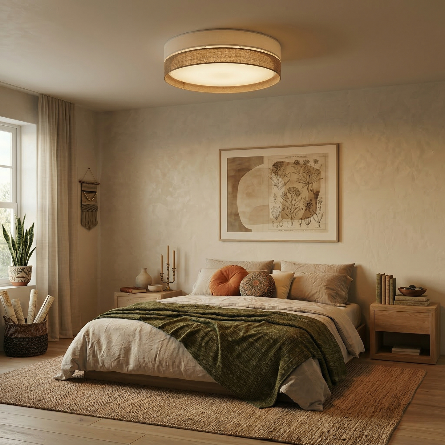 Linobianco Natural Linen Scandinavian Flush Mount Ceiling Light for Bedroom, Hallway & Low Ceilings Lumocrafts