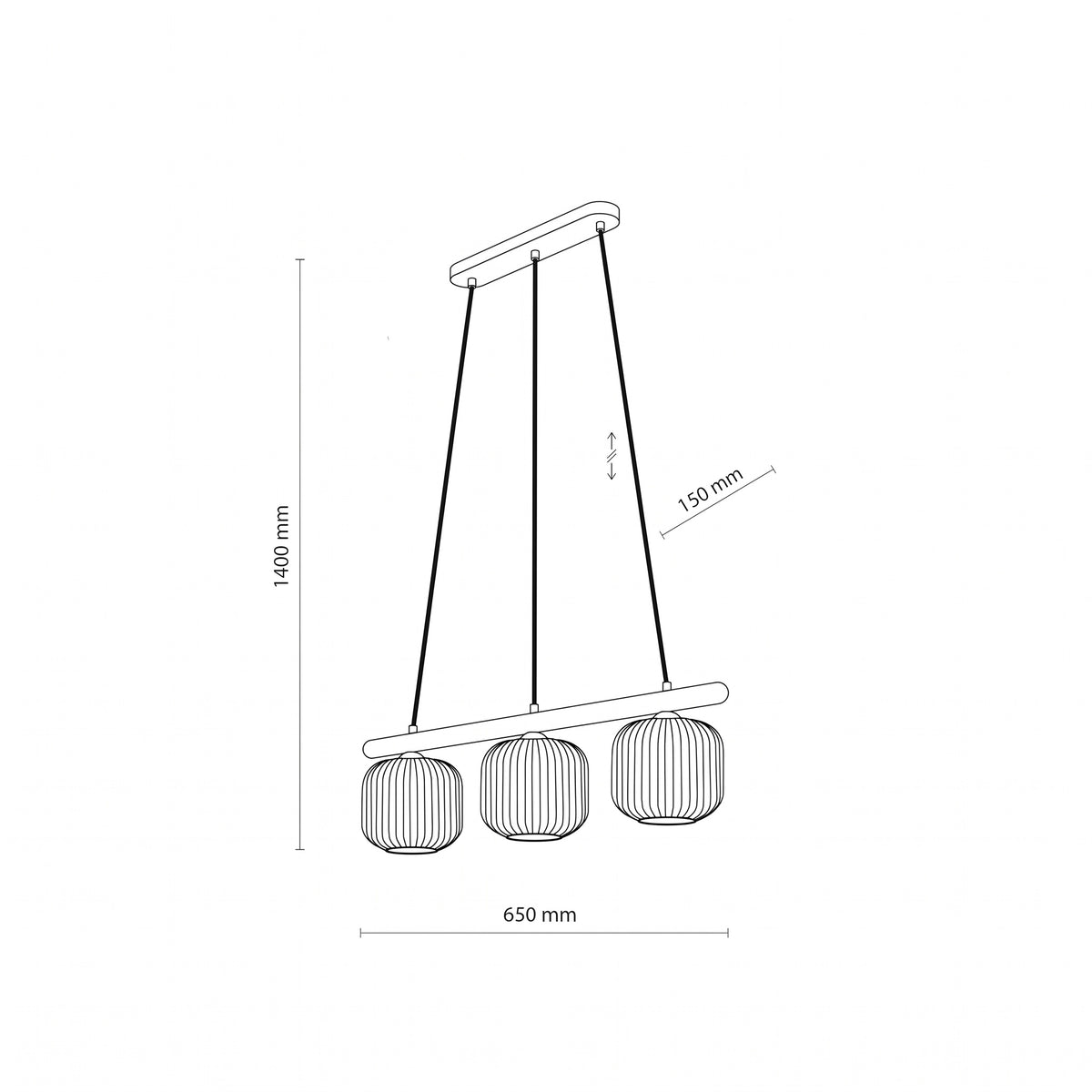 SALVIA pendant technical drawing, 650 mm bar with a 1400 mm maximum drop
