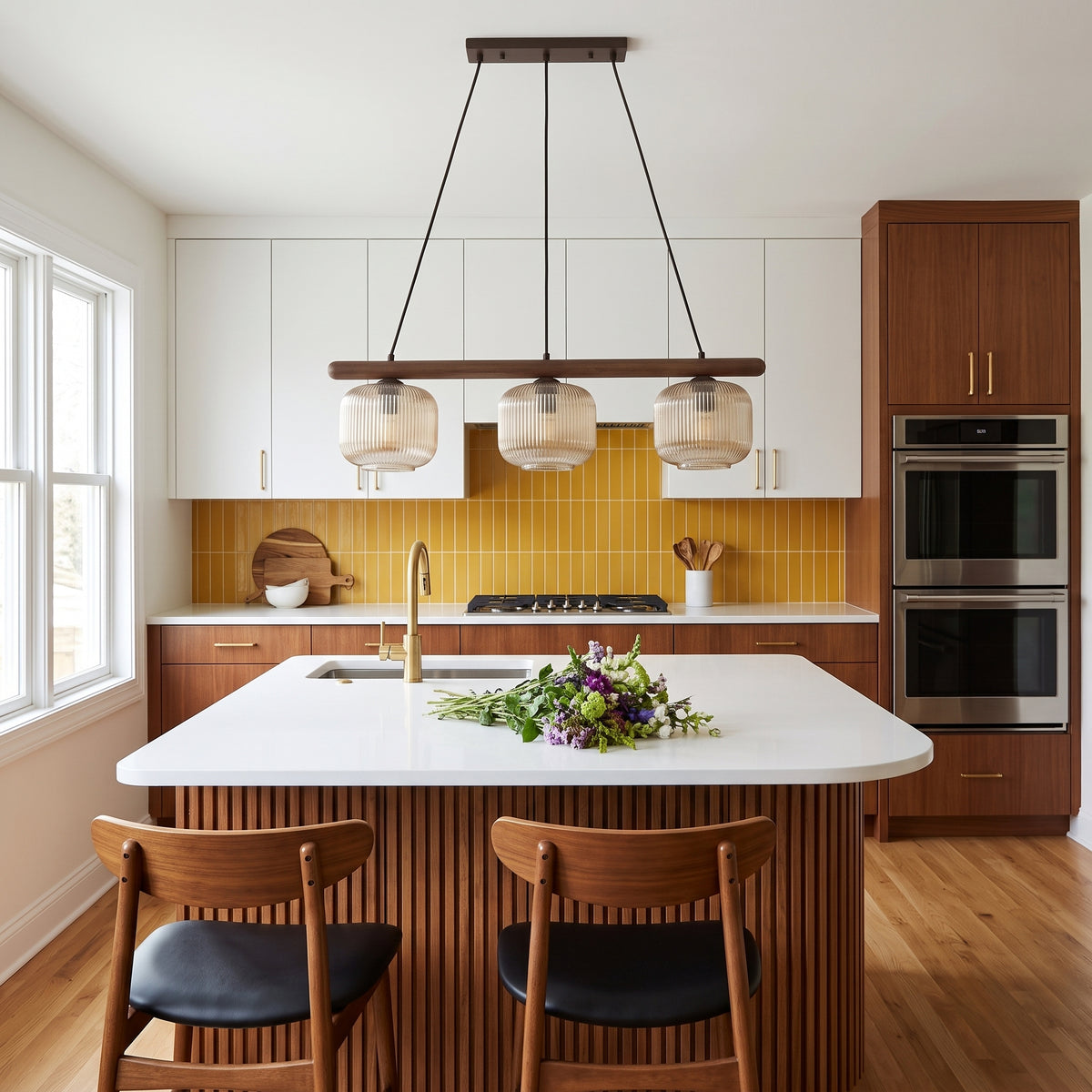 SALVIA brown ribbed cognac glass and wood 3-light linear pendant